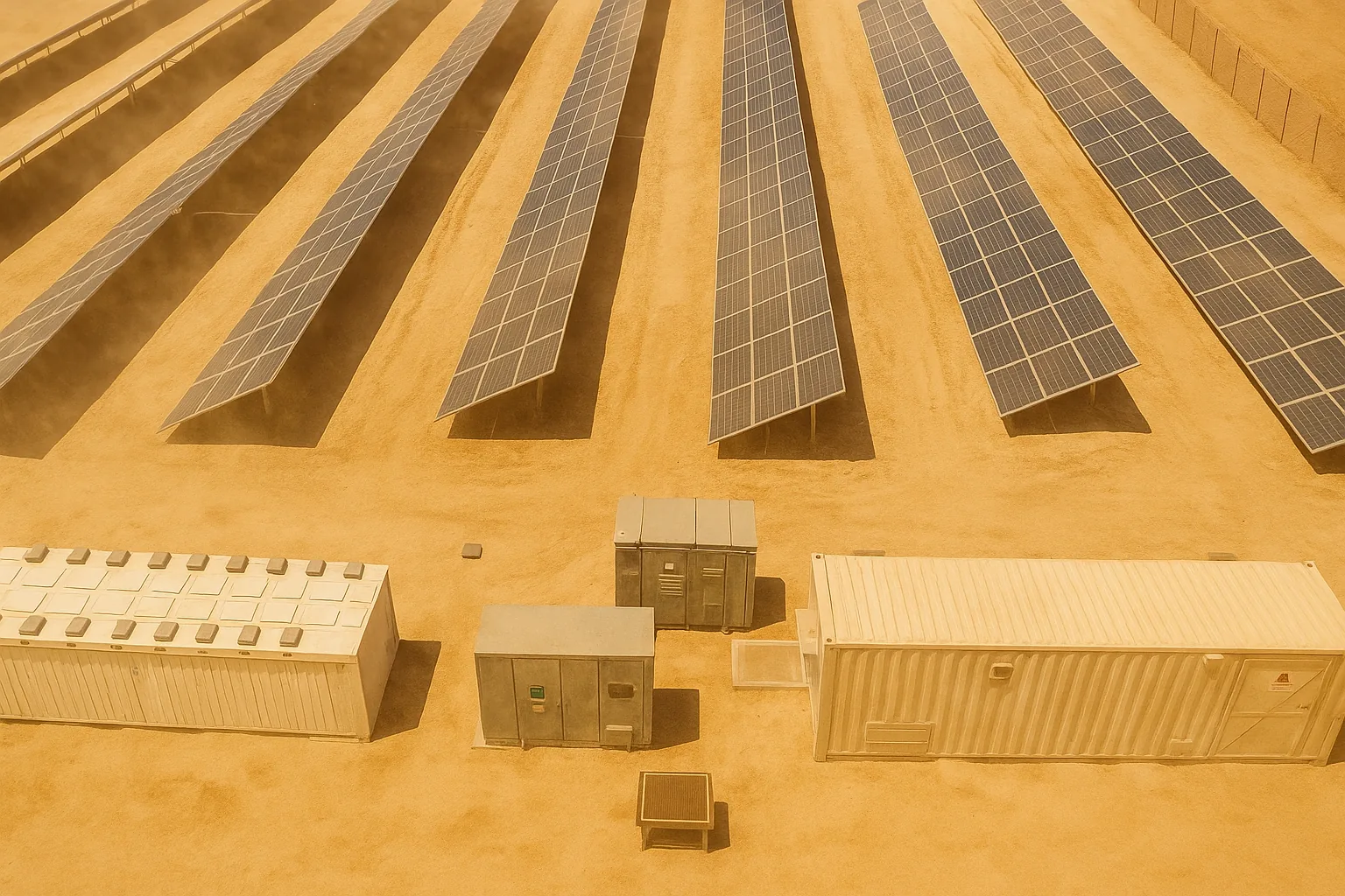 Utility-scale desert solar farm with battery storage containers