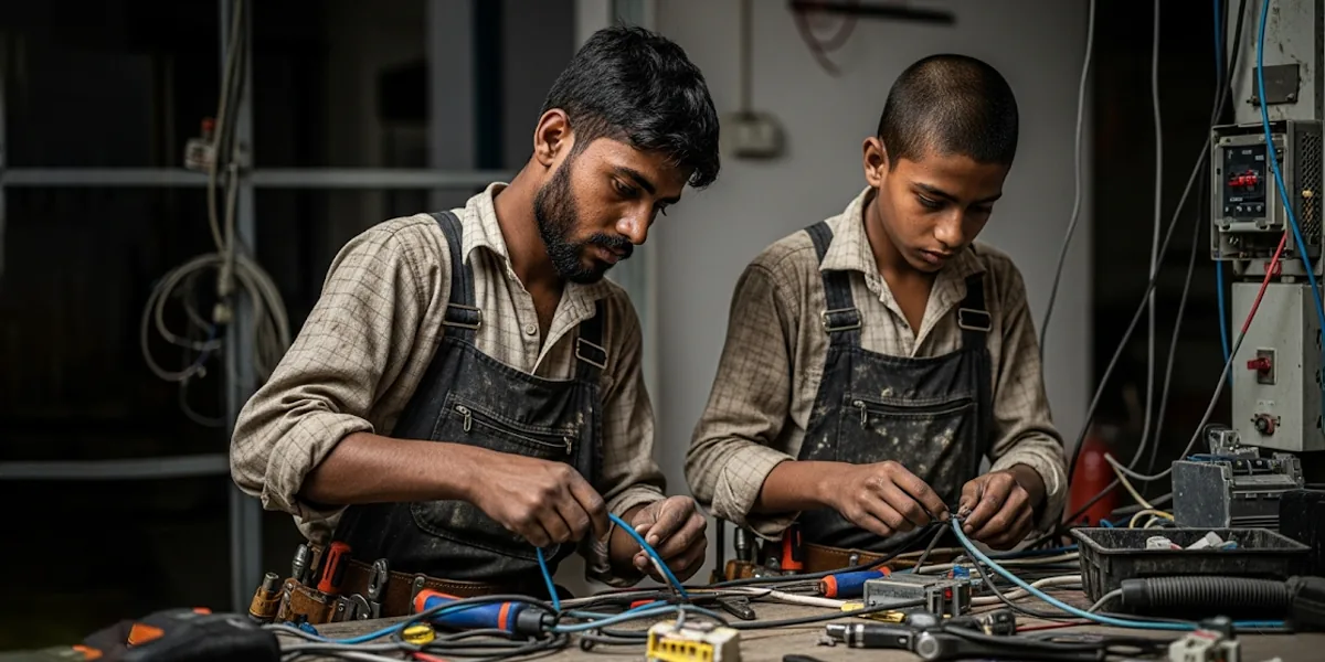 Electricians wiring a control panel