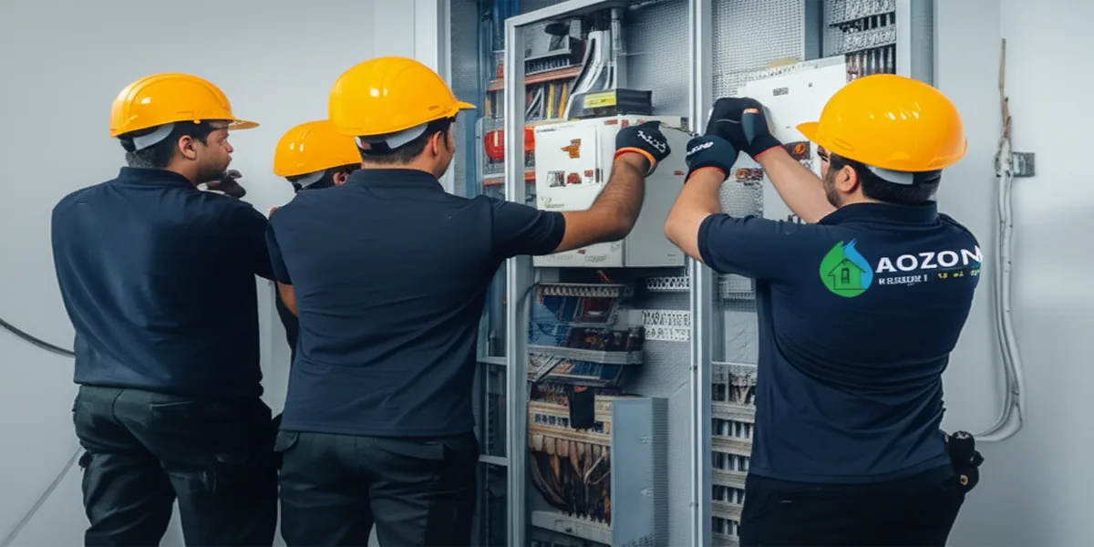 Aozon Energy electricians working on a distribution panel