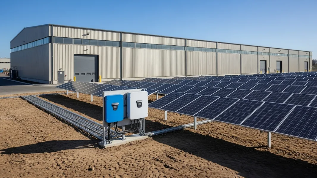 Ground-mounted solar next to a warehouse