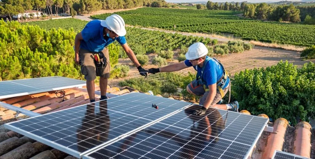 Installers on a tiled roof