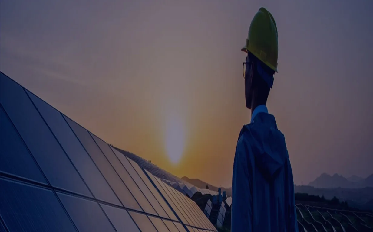 Engineer overlooking solar panels at sunset