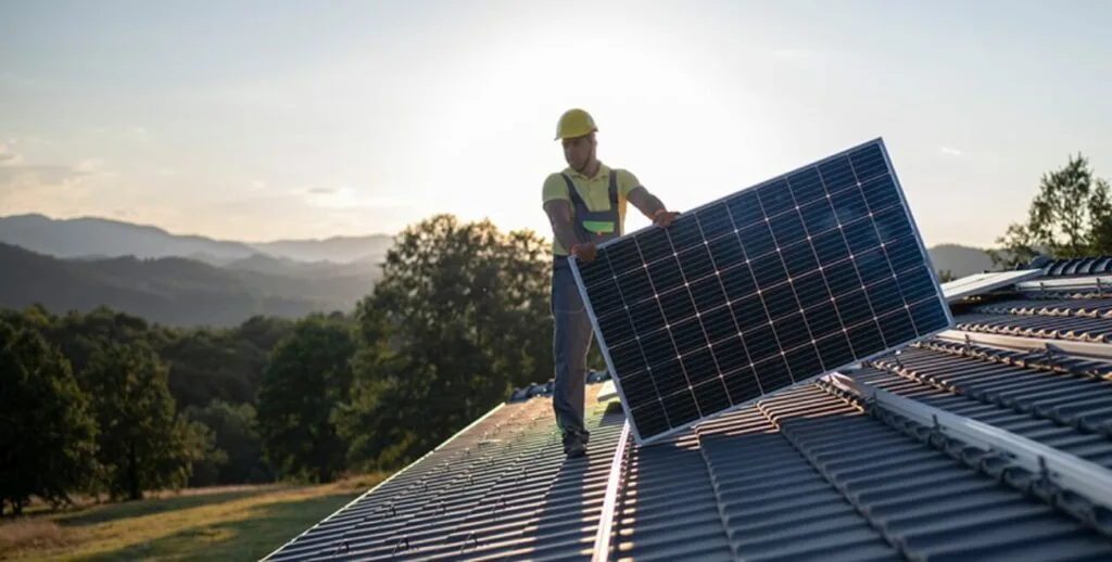Installer carrying a solar panel on a roof