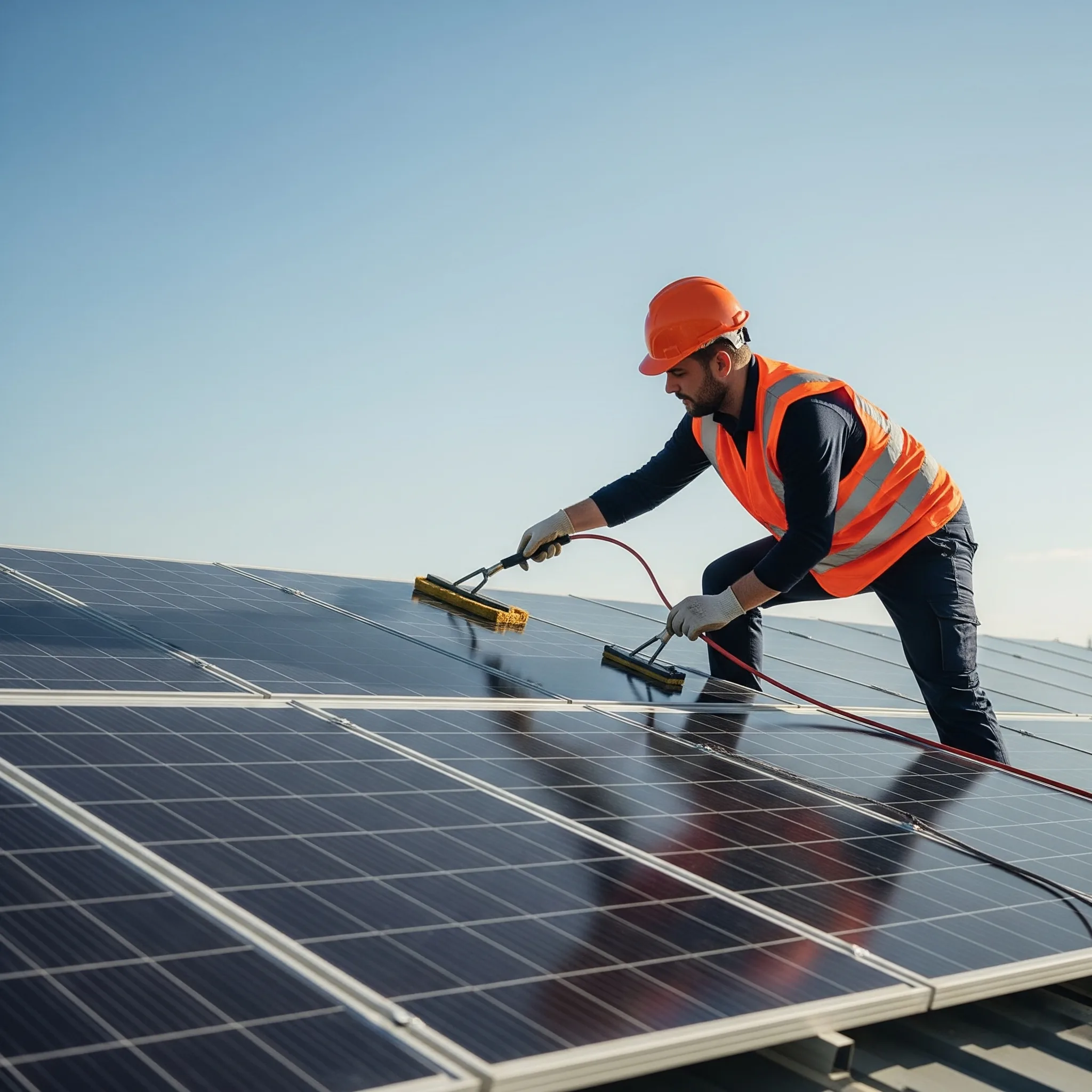 Technician cleaning rooftop solar panels